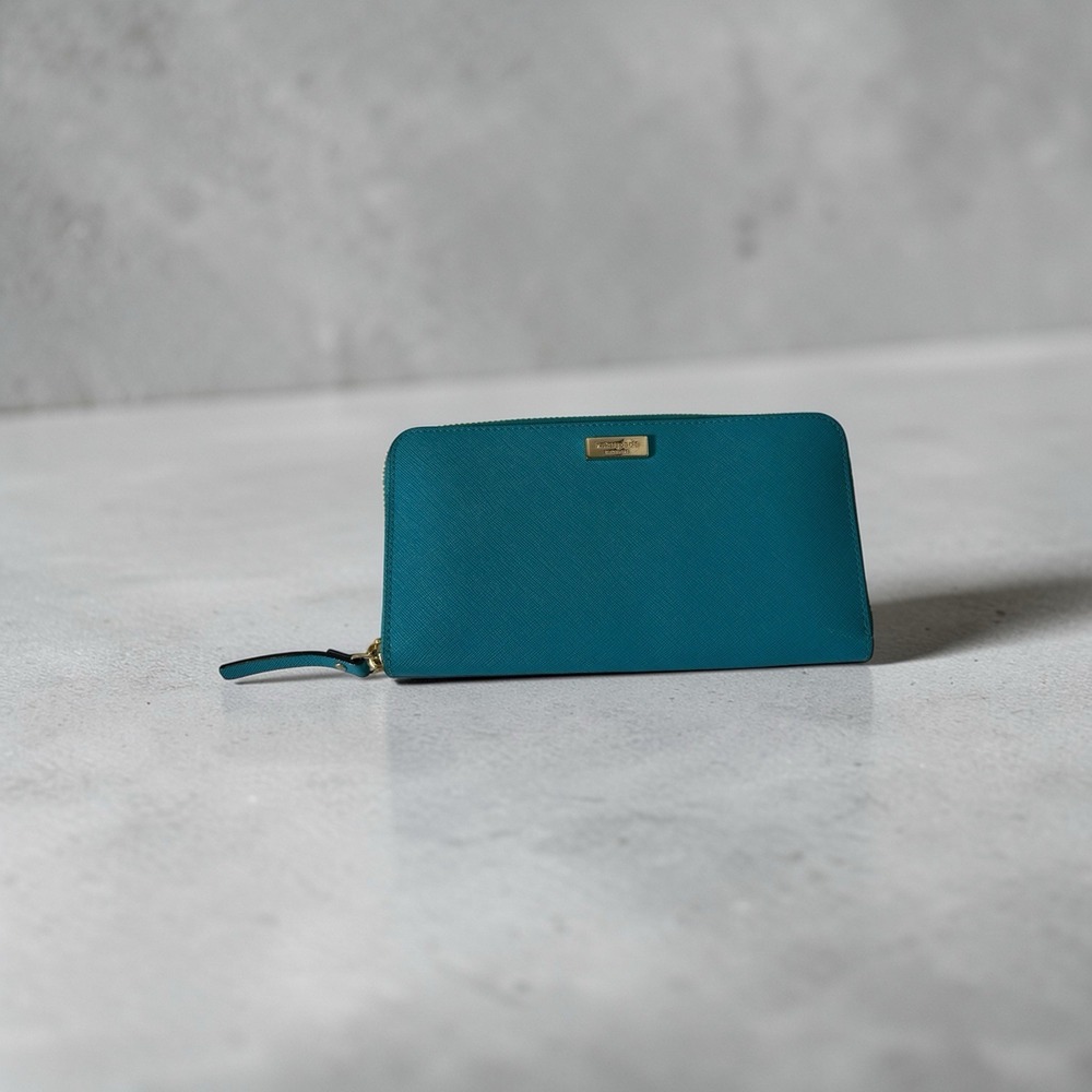 Kate Spade Newbury Lane Turquoise Zip Around Leather Long Wallet~EUC
